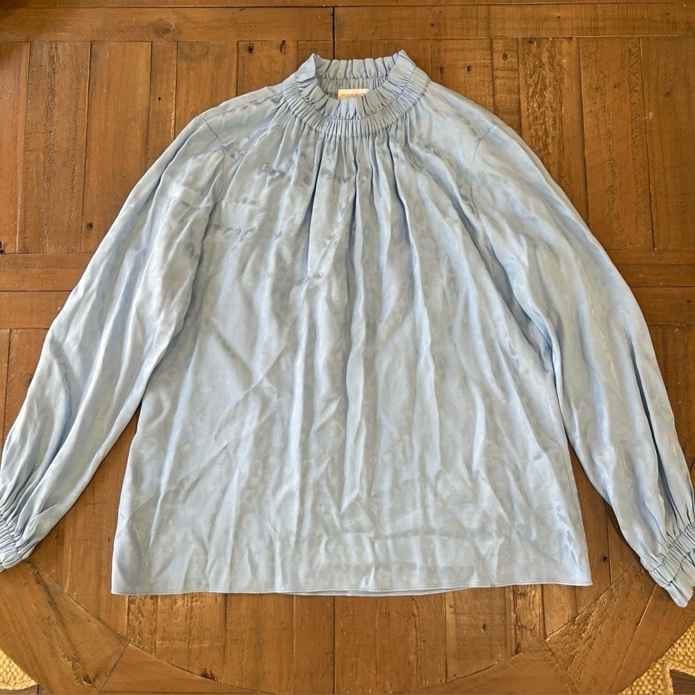 STS Sail To Sable Pale Blue Leopard Jacquard Blouse Large Puff Sleeve Feminine